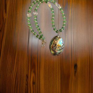 Abalone Necklace 20 inch w Green beads/Crystals